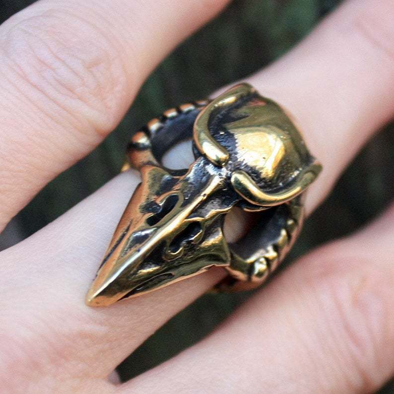Men's Halloween Ancient Bronze Crow Bird Skull Ring