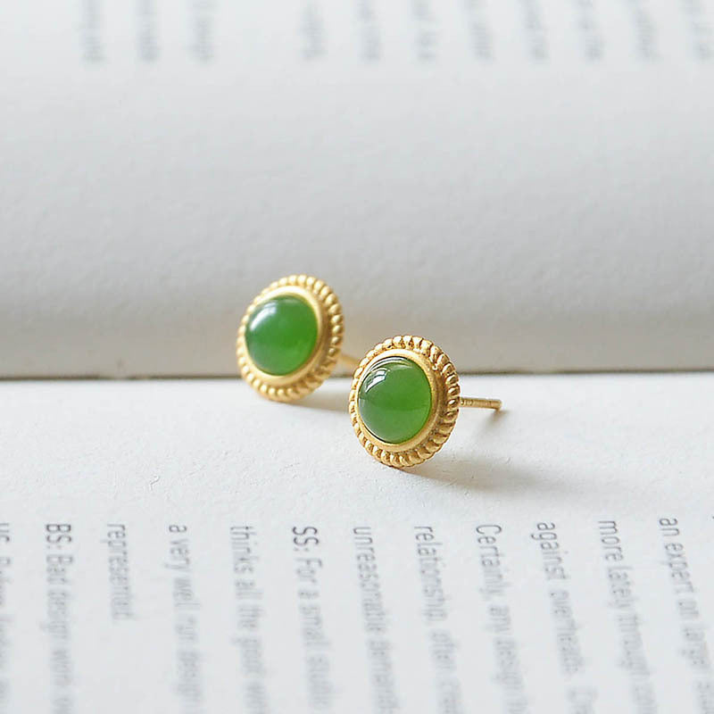 Natural Jade Green Round Sterling Sier Gold-plated Simple Earrings