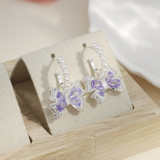 Elegant Blooming Bow Light Smart Ocean Blue Zircon Delicate Sier Earrings