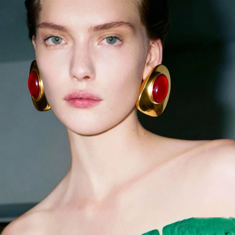 Luxury Metal Glossy Oval Resin Gemstone Earrings