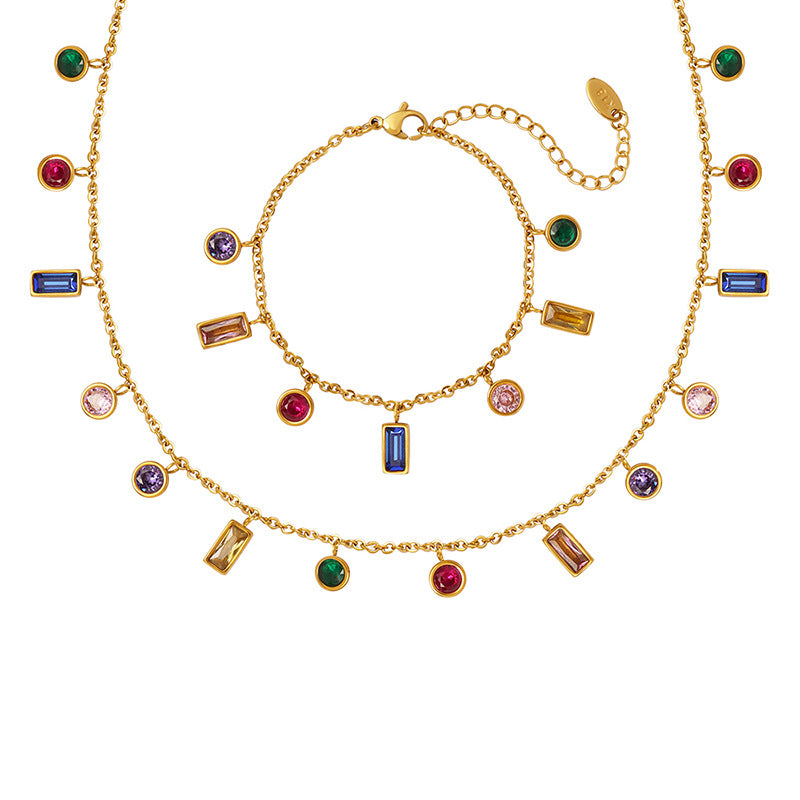 Korean Style Personalized Trendy Niche Popular Colorful Zircon Gold Jewelry Set