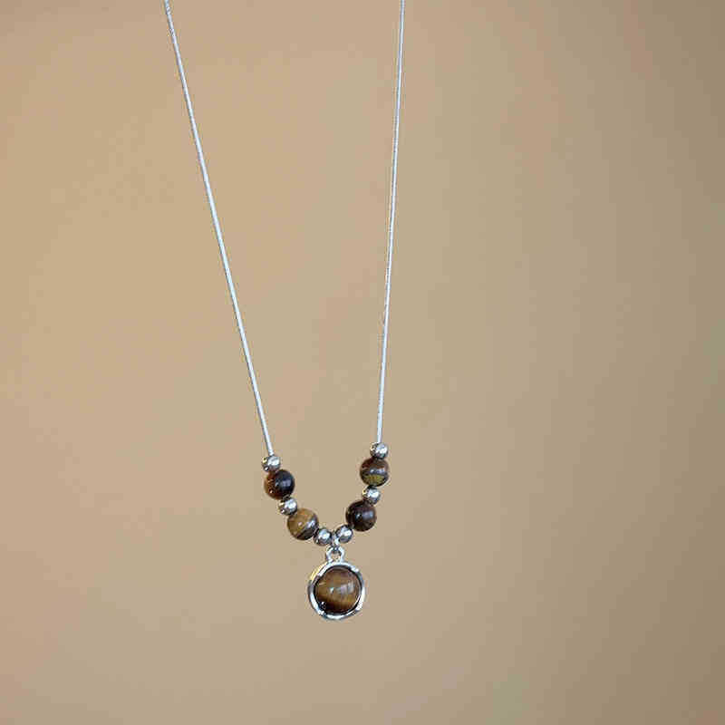 Women's Retro Leather Tiger Eye Chinese Style Twin Niche Necklaces