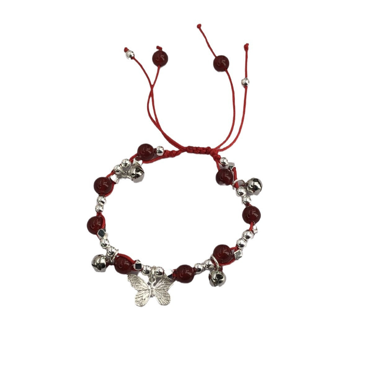 Red Agate Sier Butterfly Bell Female Rope Braid Good Luck Bracelet
