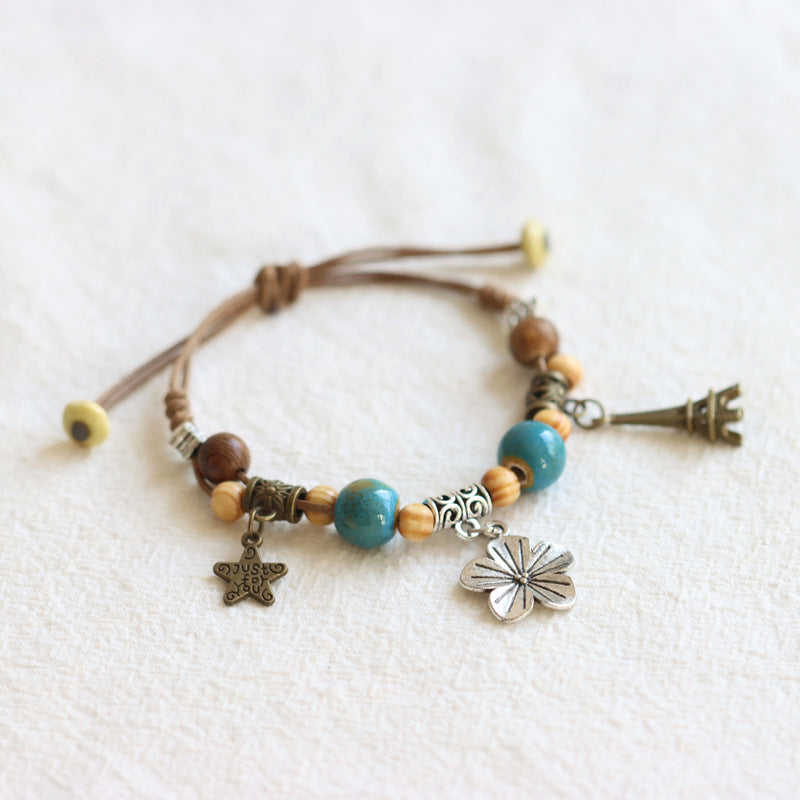 National Style Woven Lucky Cat Ceramic Adjustable Ethnic Carrying Bracelet