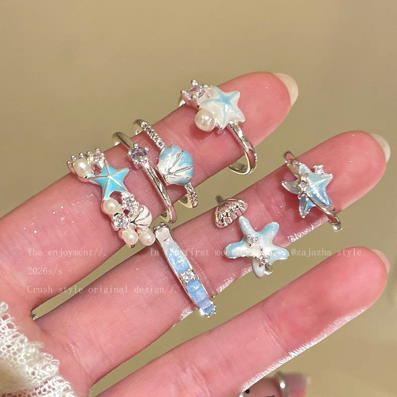 Milk Shell Blue Starfish Open For Ring