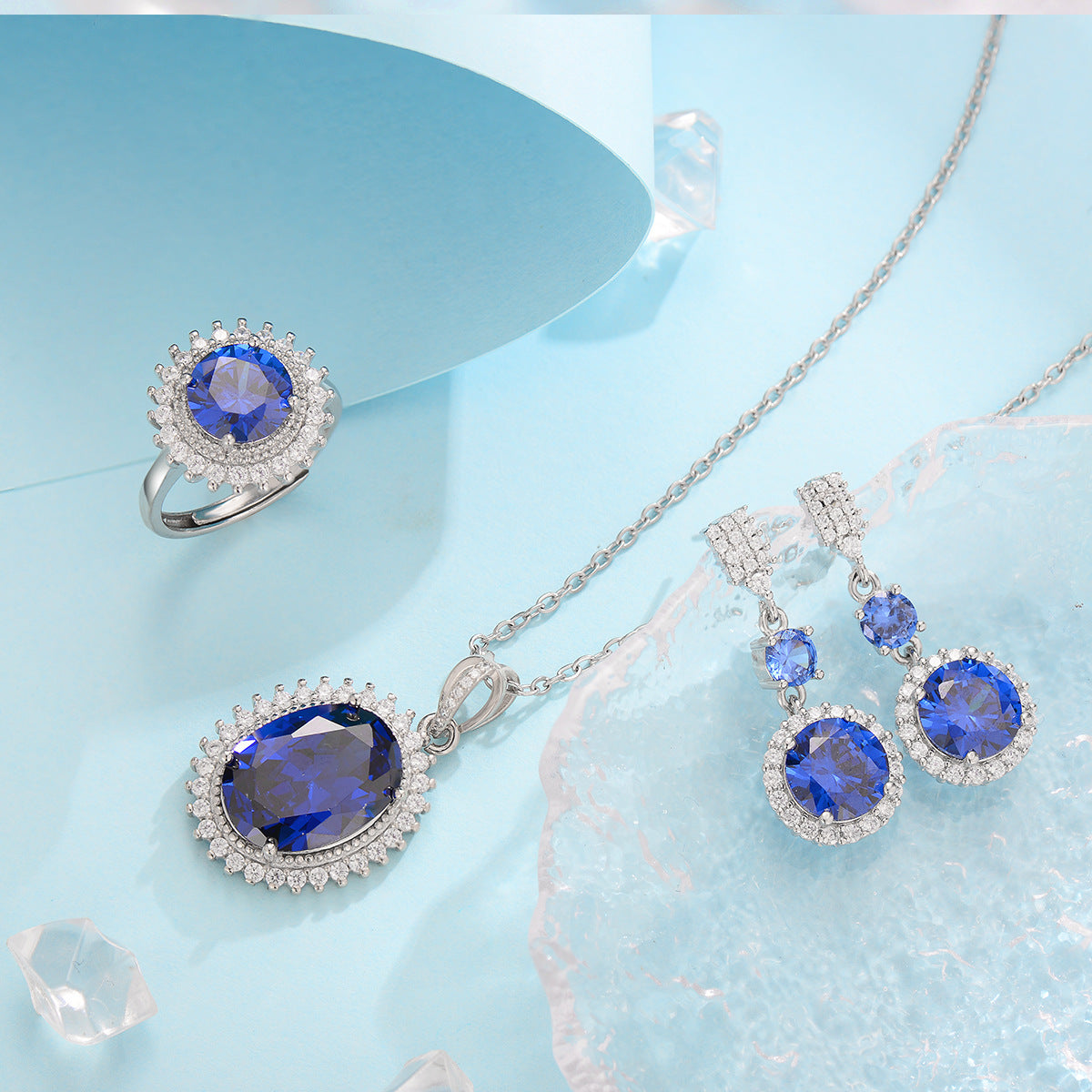Live Broadcast Three-piece Colored Gems Ear Combination Personality Necklaces