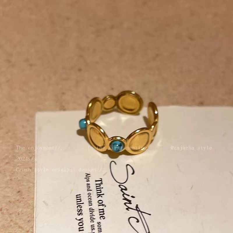 Personality Vacuum Plating Golden Flower Turquoise Ring