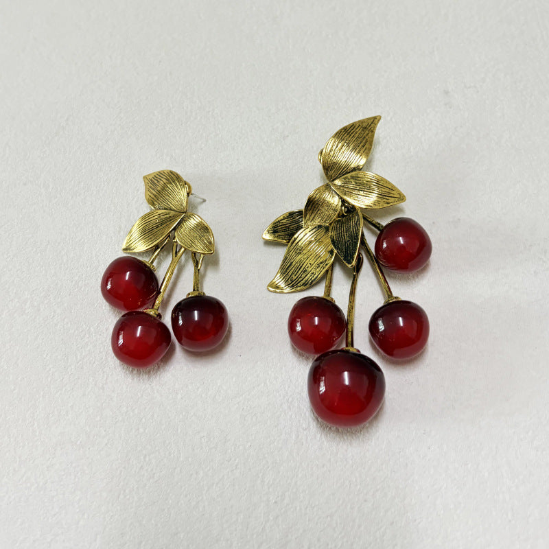 Women's Distressed Metal Leaf Resin Fruit Light Luxury High-grade Fashionable Earrings