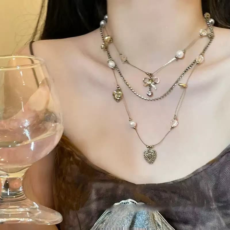 Vintage Beaded Long Twin Niche Clavicle Necklaces