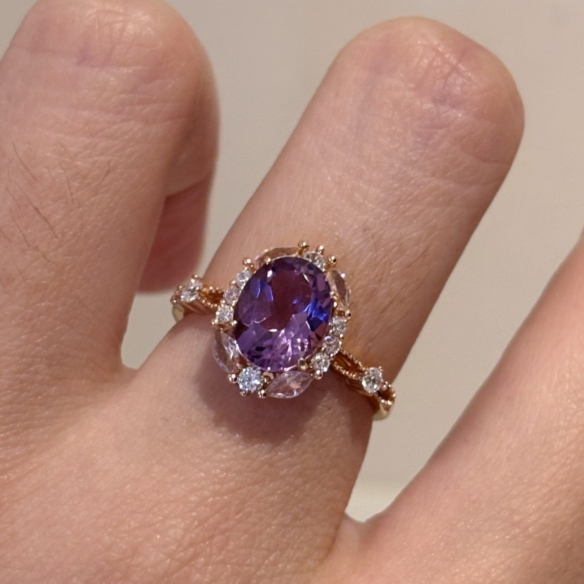 Women's Amethyst Rhinestone Big Diamond Rose Gold Refined Grace Ring