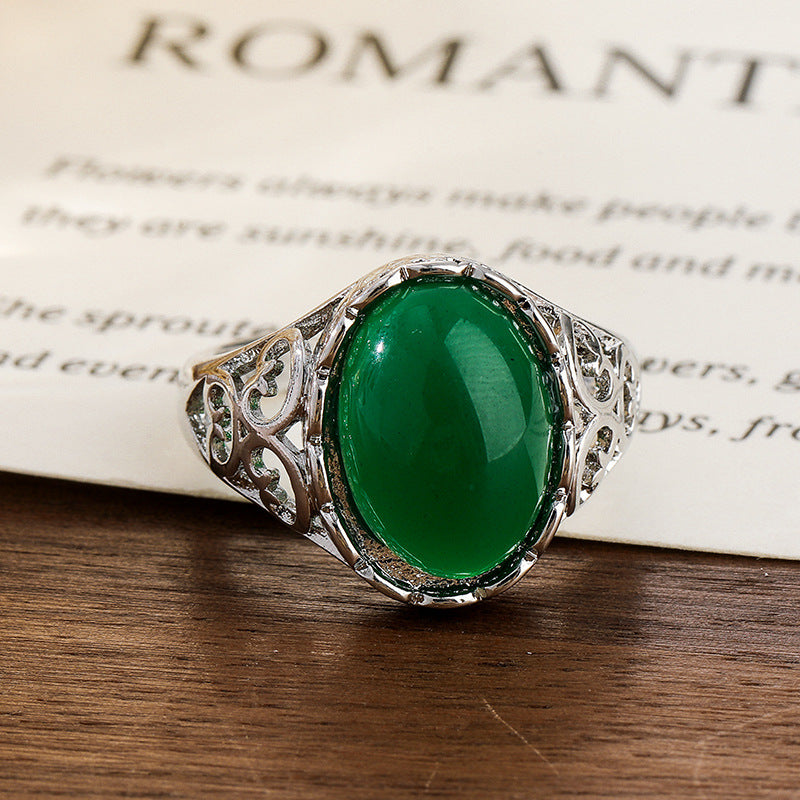 Women's Ethnic Style Grandmother Imitation Green Chalcedony Open Red Agate Rings