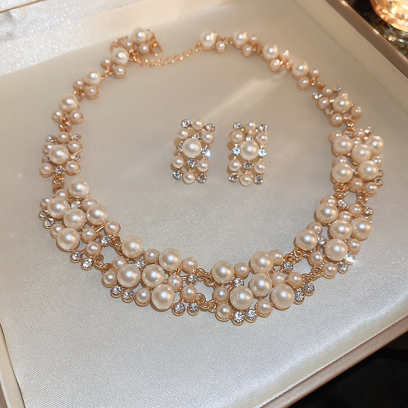 Rhinestone Pearl Rectangular Ear Two-piece French Vintage Court Style Light Necklaces