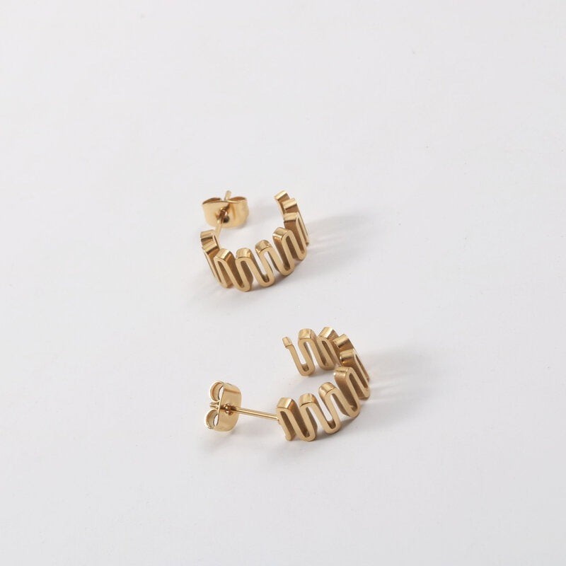 Wave Line Shaped Titanium Steel Gold Earrings