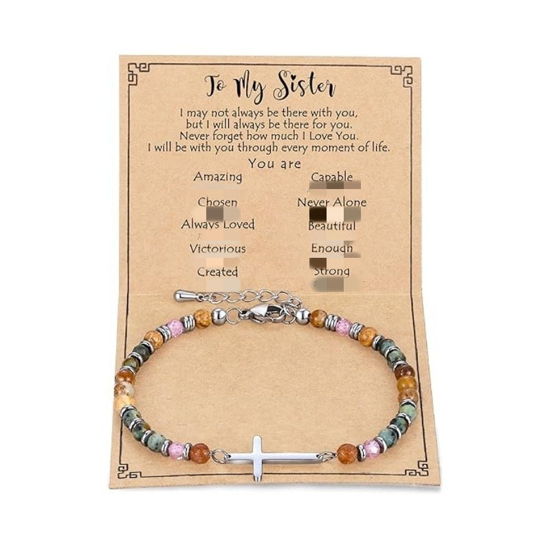 Women's Natural Stone Beaded Cross Lobster Buckle Adjustable Band Bracelet
