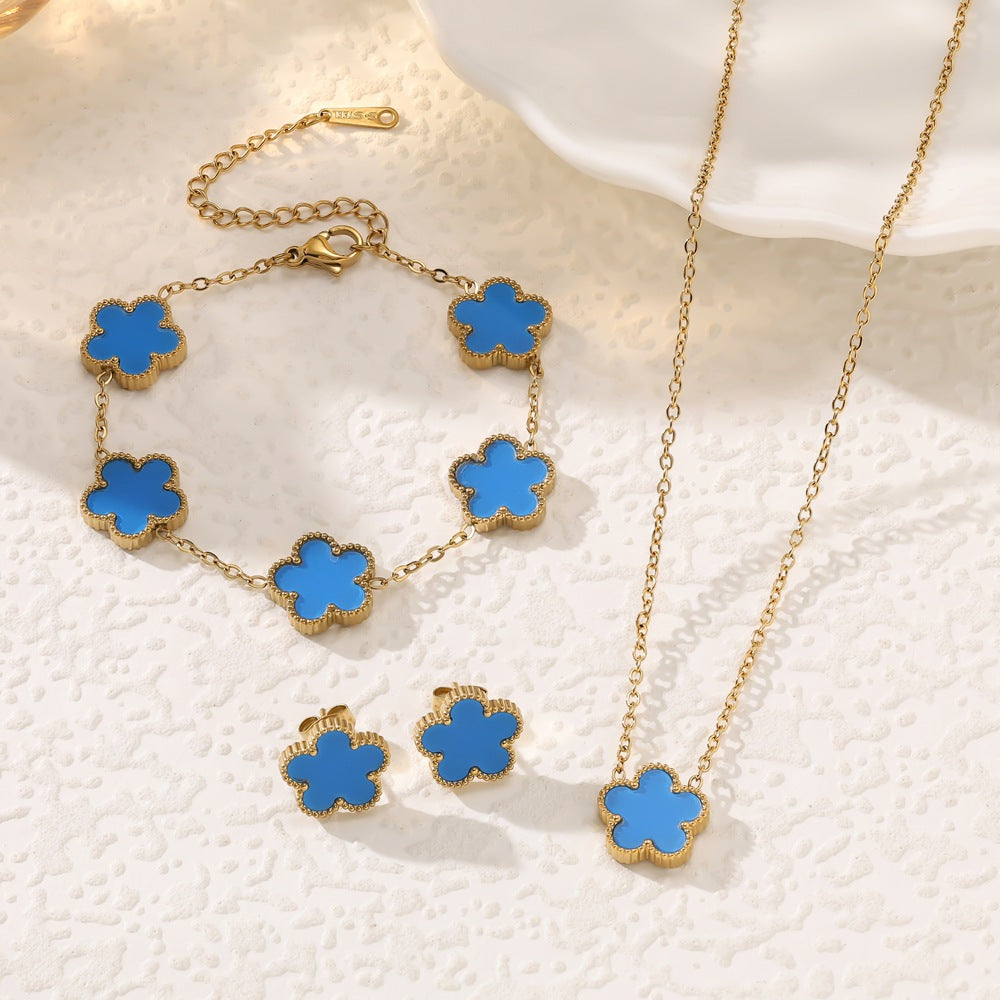 Women's Fashion Stainless Steel Five-leaf Flower Double-sided Jewelry Set