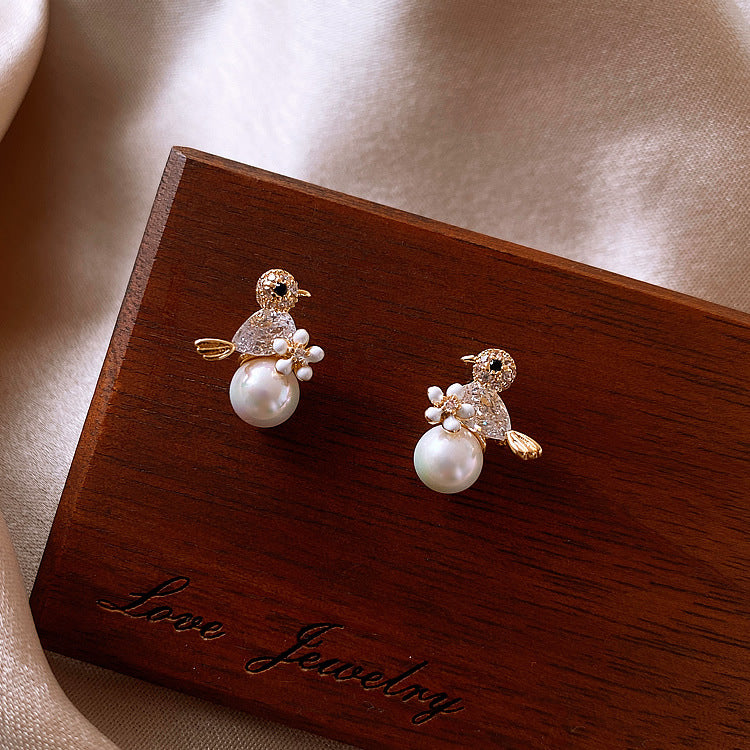 Sier-plated Bird Imitation Pearl Zircon Petite Trendy Niche Personalized Earrings