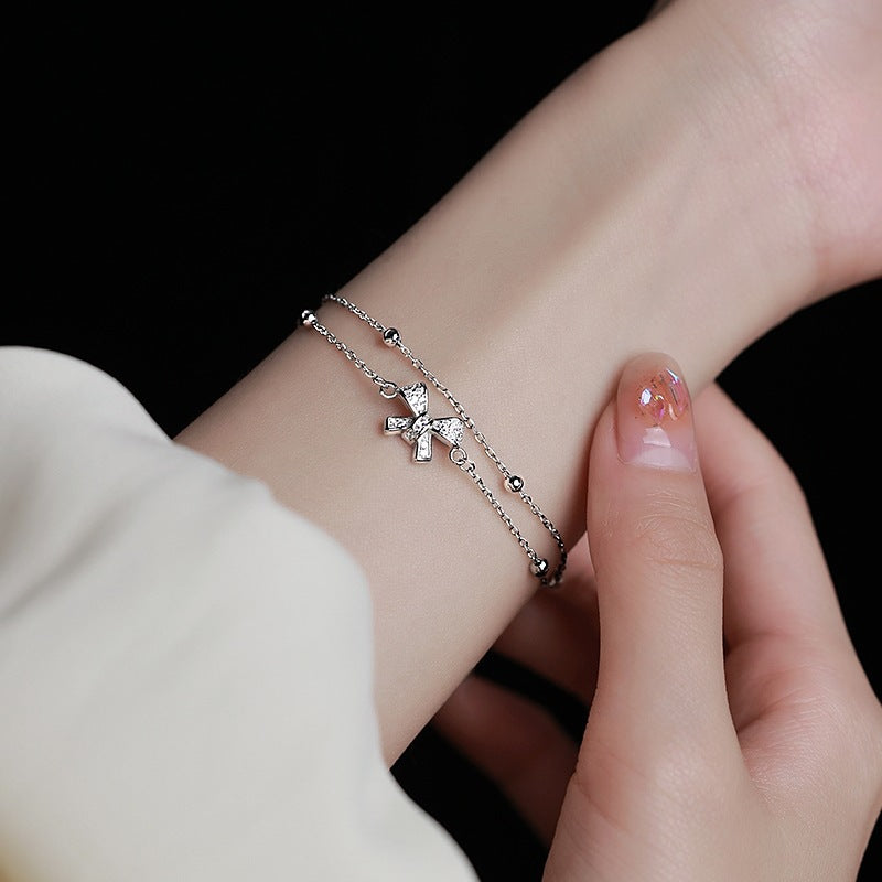 Women's Bow Fashion Simple Design Ribbon Round Beads Chain Exquisite Light Bracelet