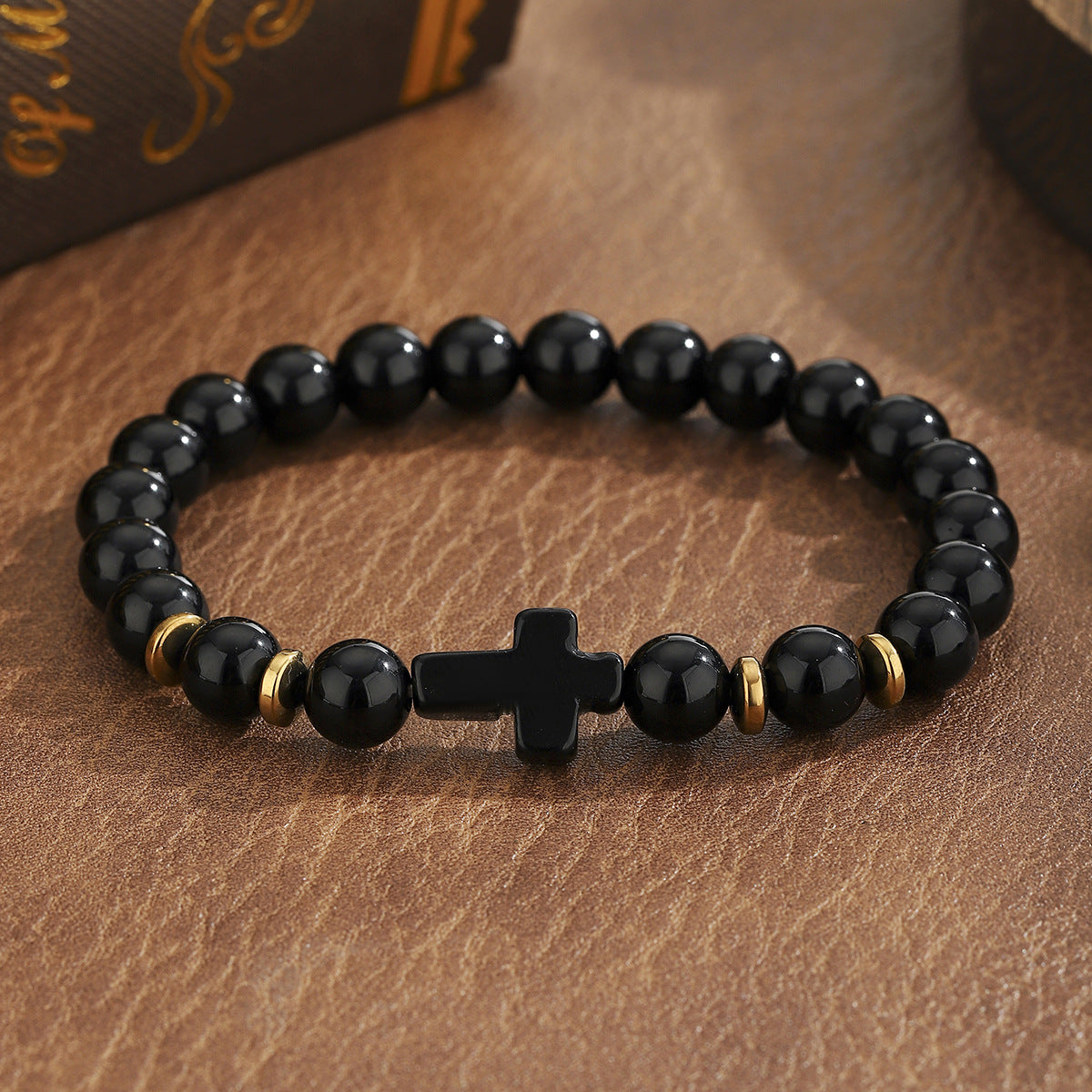 Stone Agate Crystal Cross Elastic Black White Bracelets