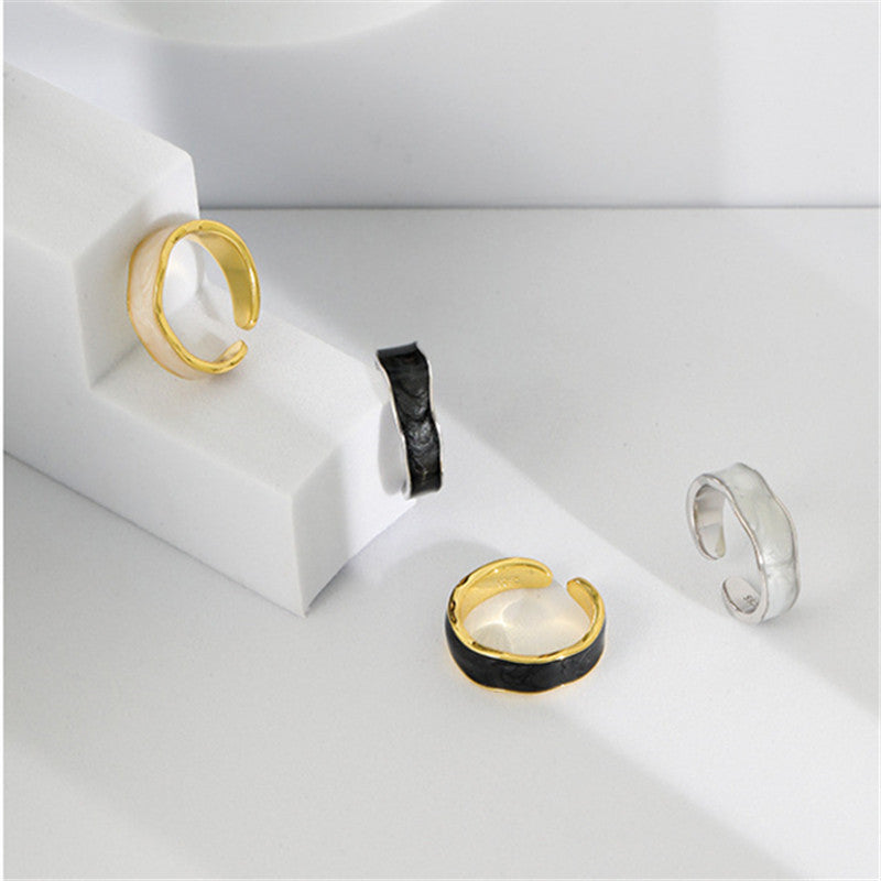 Black White Epoxy Open Female Tide Wave Concave Metal Rings