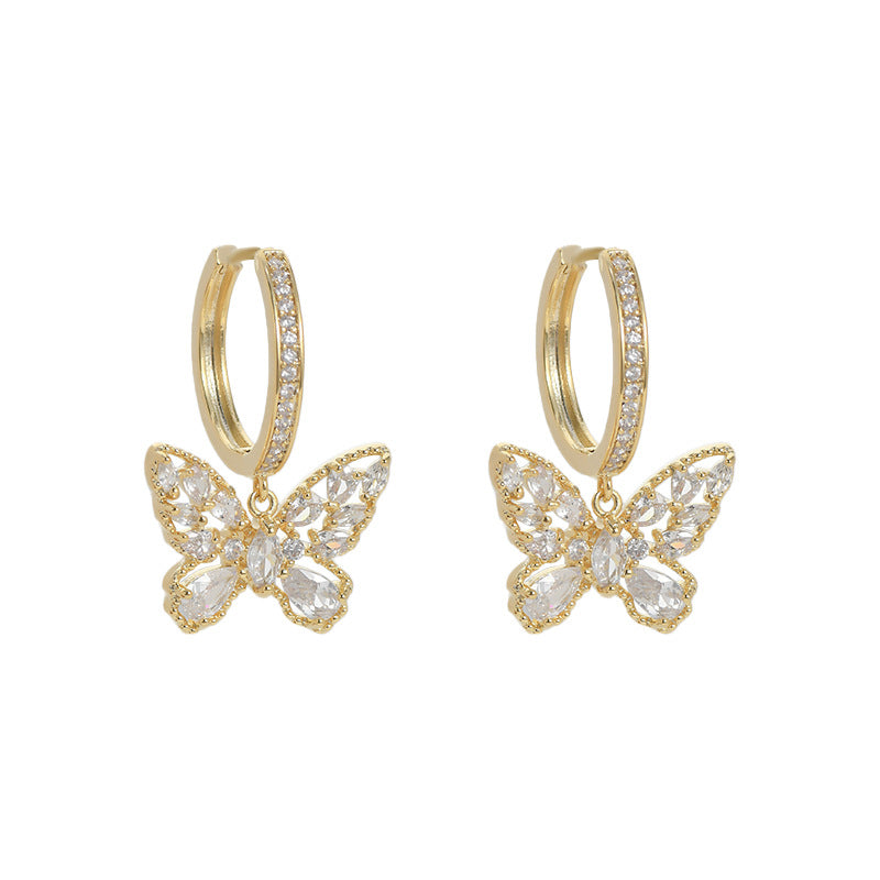 Micro Inlaid Zircon Temperament Female Niche Design Butterfly Eardrops Style Stud Earrings