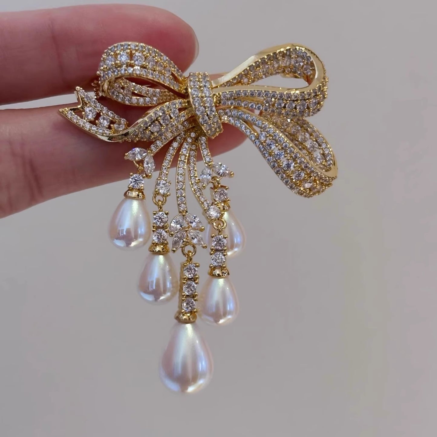 French Entry Lux Full Diamond Bow Tassel Brooch Refined Brooches