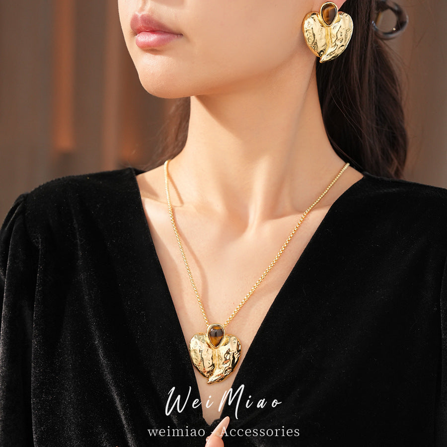 Women's Pleated Heart Light Luxury Minority Clavicle Chain High Sense Graceful Jewelry Set