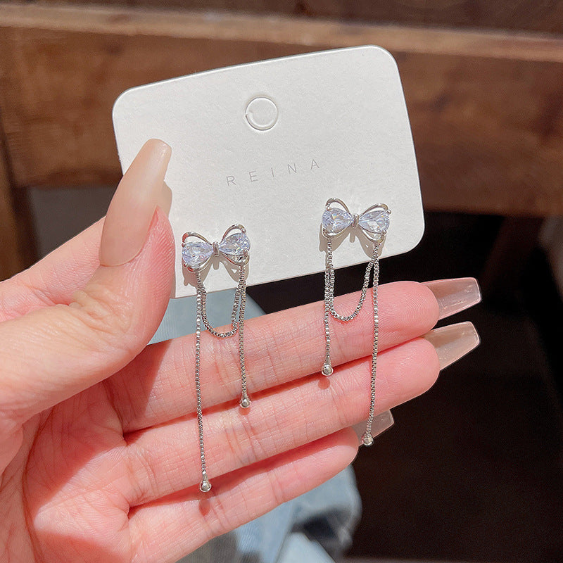 Sier Needle Zircon Pearl Advanced Fashion Bowknot Retro Earrings