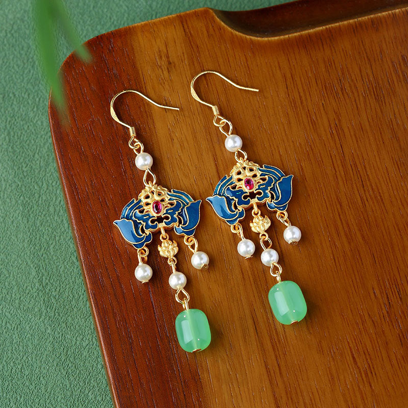Chinese Style Antique Cloisonne Burnt Blue Lucky Life Imitation Earrings