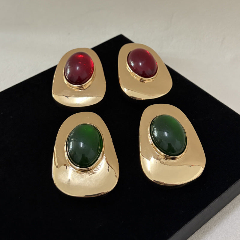 Luxury Metal Glossy Oval Resin Gemstone Earrings