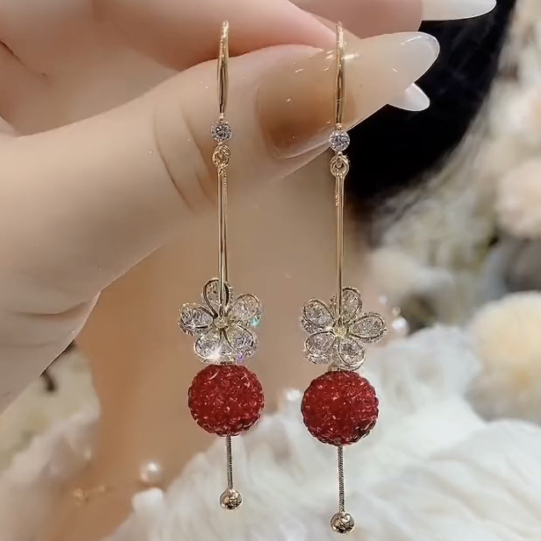 Women's Zircon Flower Long Fringe Temperament Light Luxury Red Rhinestone Ball Earrings