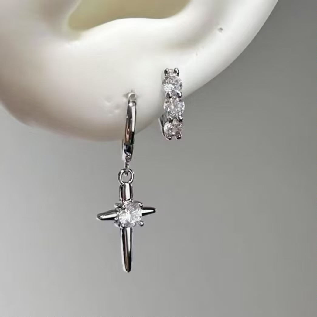 Sparkling Full Rhinestone Cross Ear Refined Personalized Unique Design Sense Stud Earrings