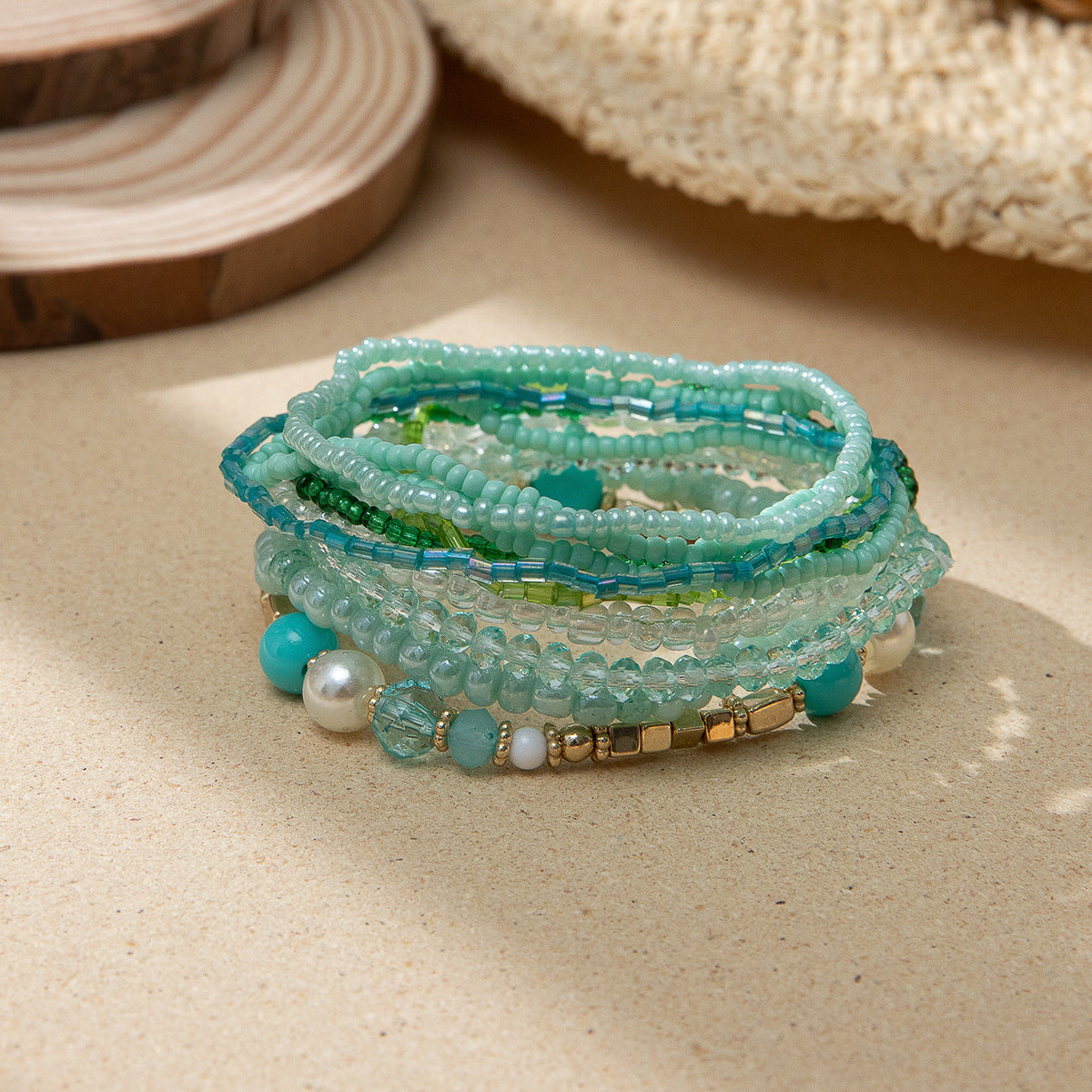 Women's Bohemian Vacation Style Twin Design Sense Glass Beads Stretch Bracelet