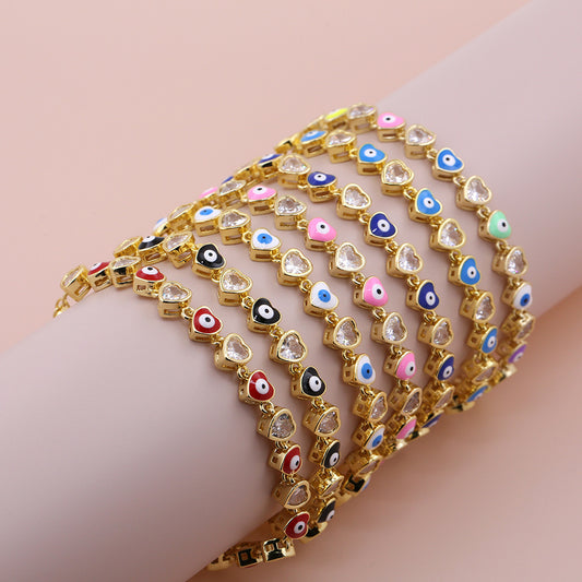 Heart-shaped Devil's Eye Zircon Micro Inlaid Electroplated Dripping Oil Fashion Bracelet
