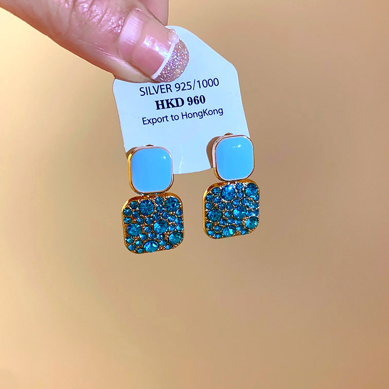 Women's Sier Needle Retro Diamonds Square Light Luxury Simplicity Elegant Fashionable Earrings