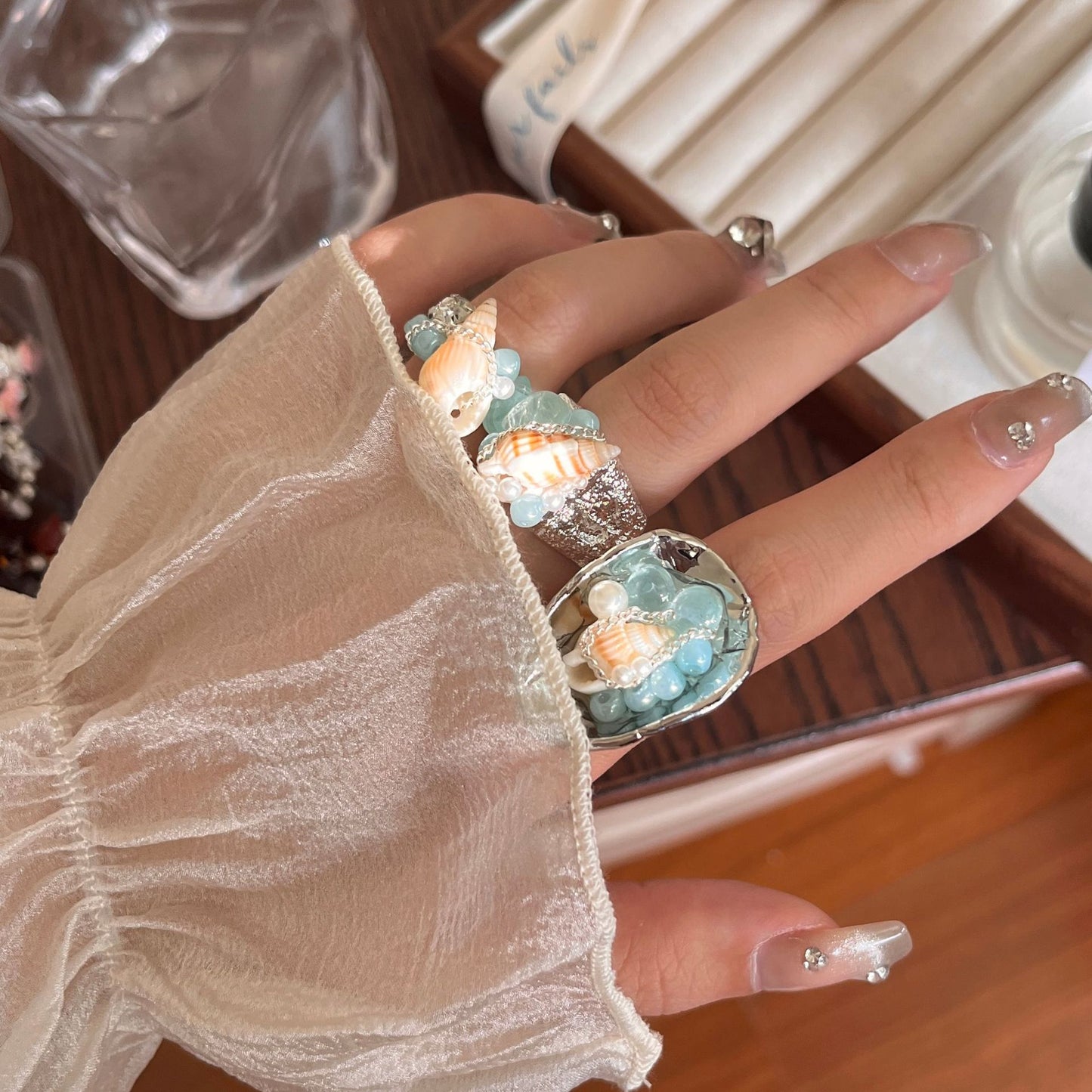 Style Natural Water Blue Stone Shell Handmade Cold Wind Metal Rings