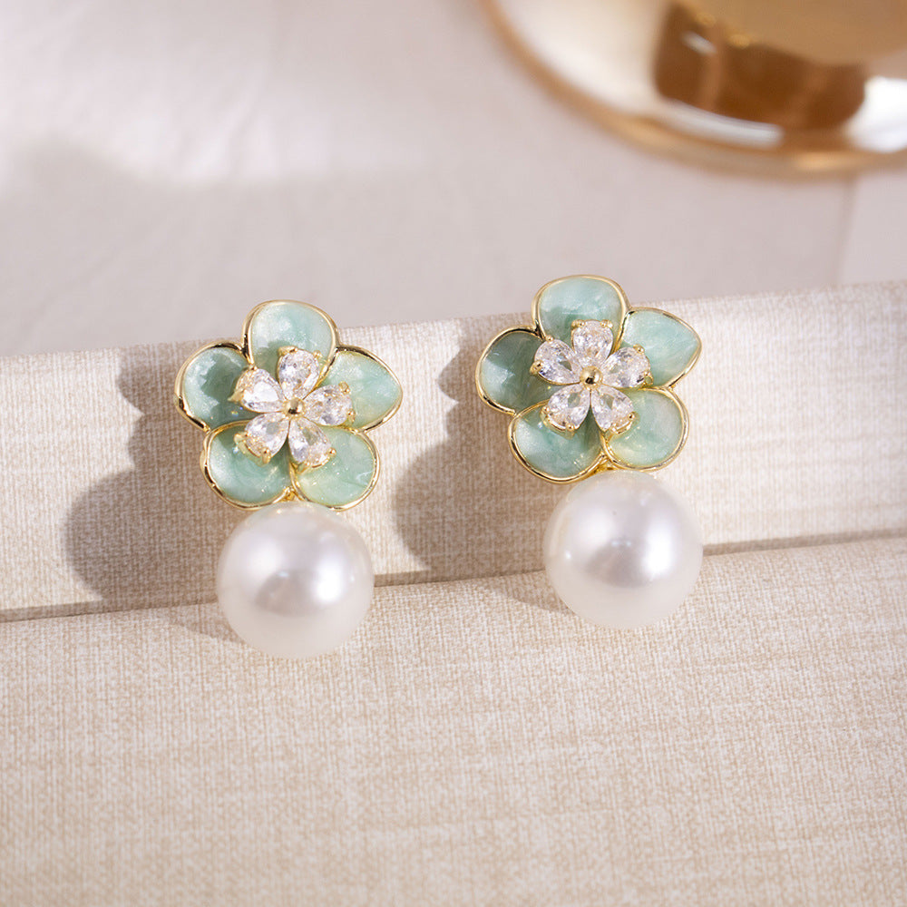 Inlaid Zircon Flower Elegant High-grade Pearl Earrings