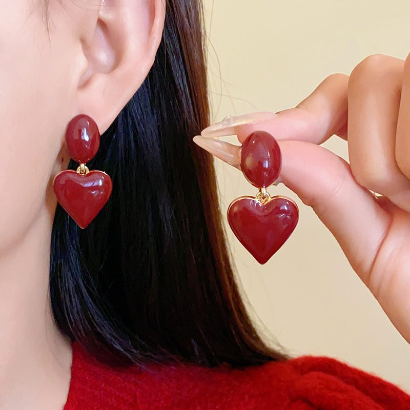 Women's Sier Needle Red Geometric Ear Korean Earrings