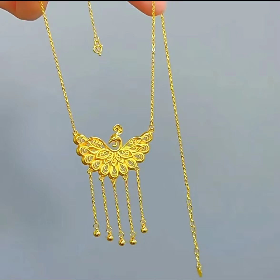 Women's Peacock Open Screen Tassel Yellow Gold Bridal Wedding Shop Chain Necklace