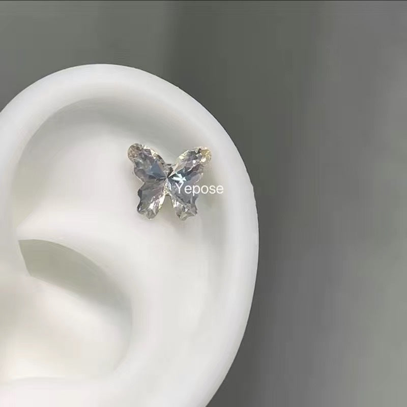 Polarized Butterfly Zircon Ear Bone Flat Bottom Pin Titanium Steel Stud Earrings