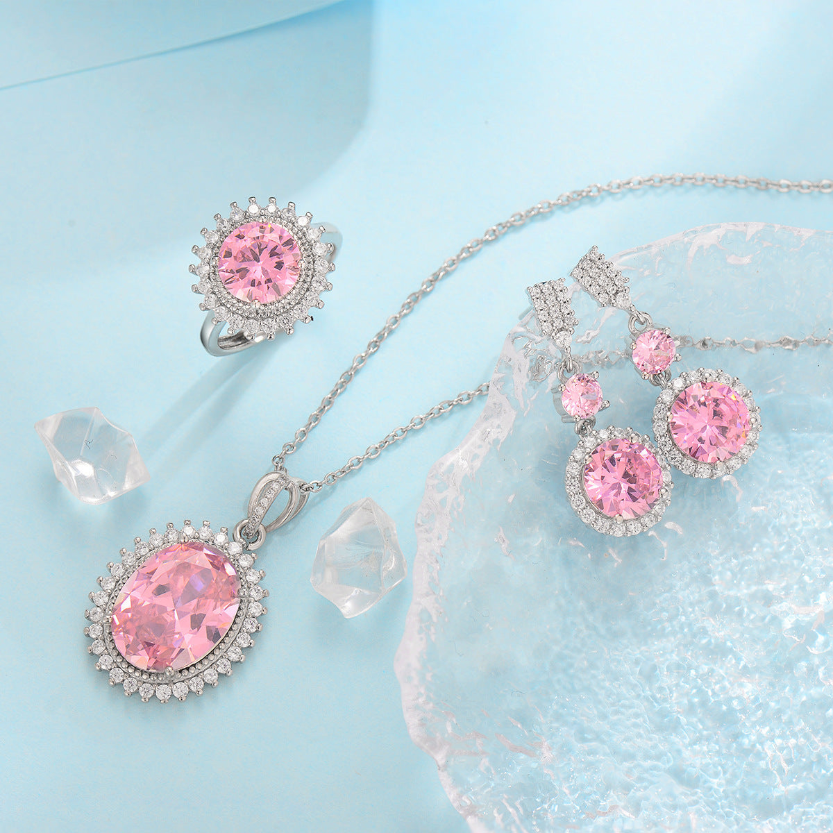 Live Broadcast Three-piece Colored Gems Ear Combination Personality Necklaces