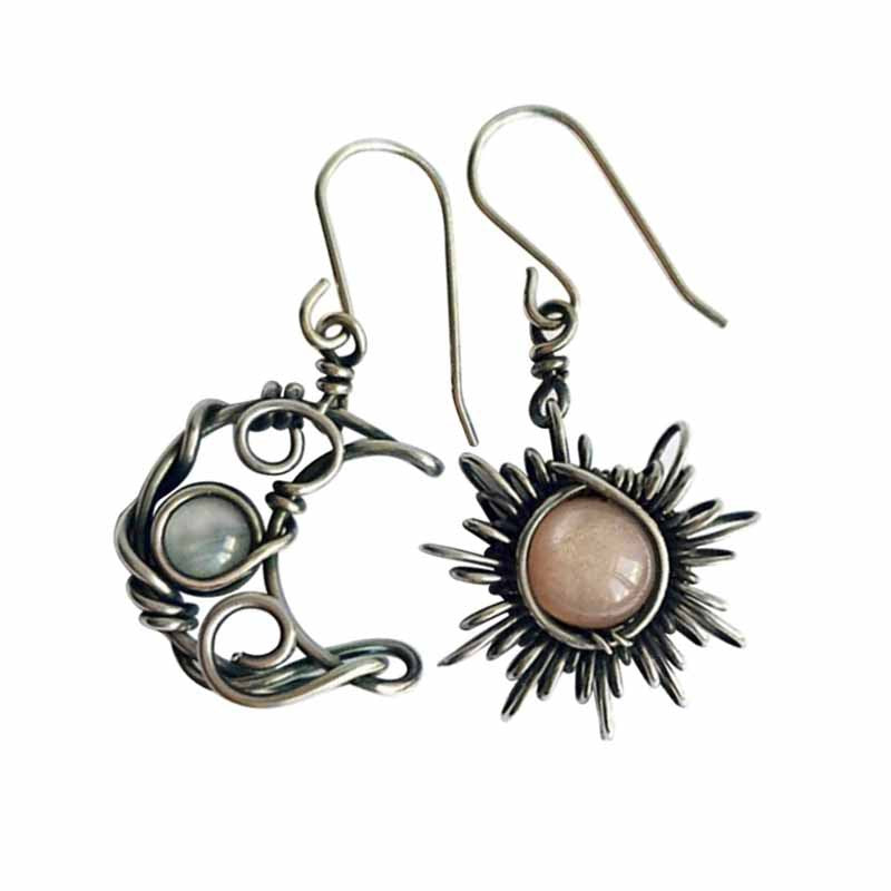 Bohemian Vintage Sun Moon Moonstone Asymmetric Alloy Earrings