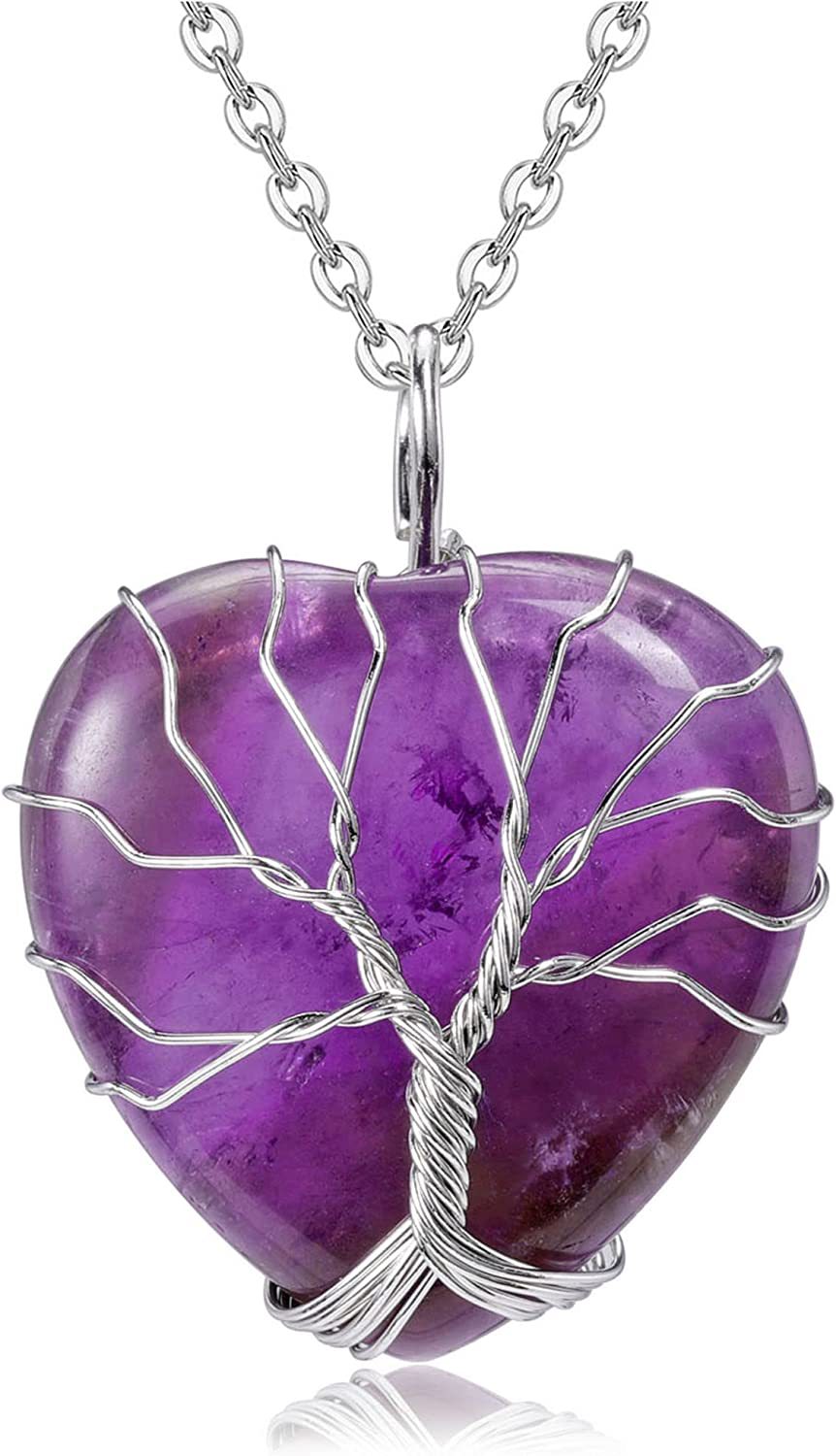 Natural Crystal Stone Heart-shaped Winding Tree Of Life Pendants