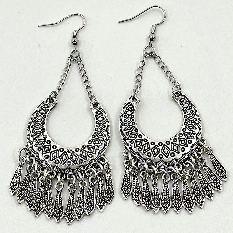 Bohemian Hollow Moon Carved Long Fringe Ear Hook