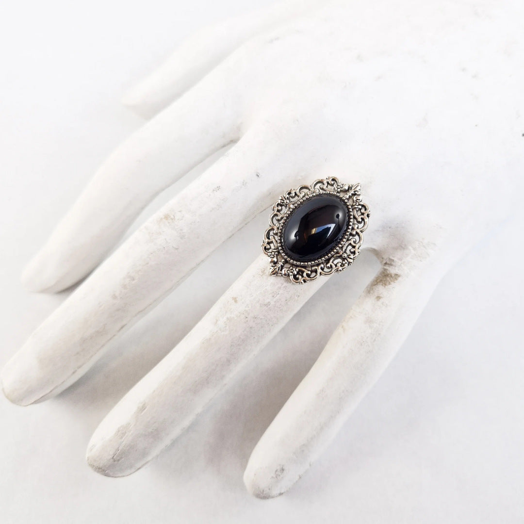 Gothic Black Agate Gem Adjustable Shank Colorful Style Medieval Lace Rings