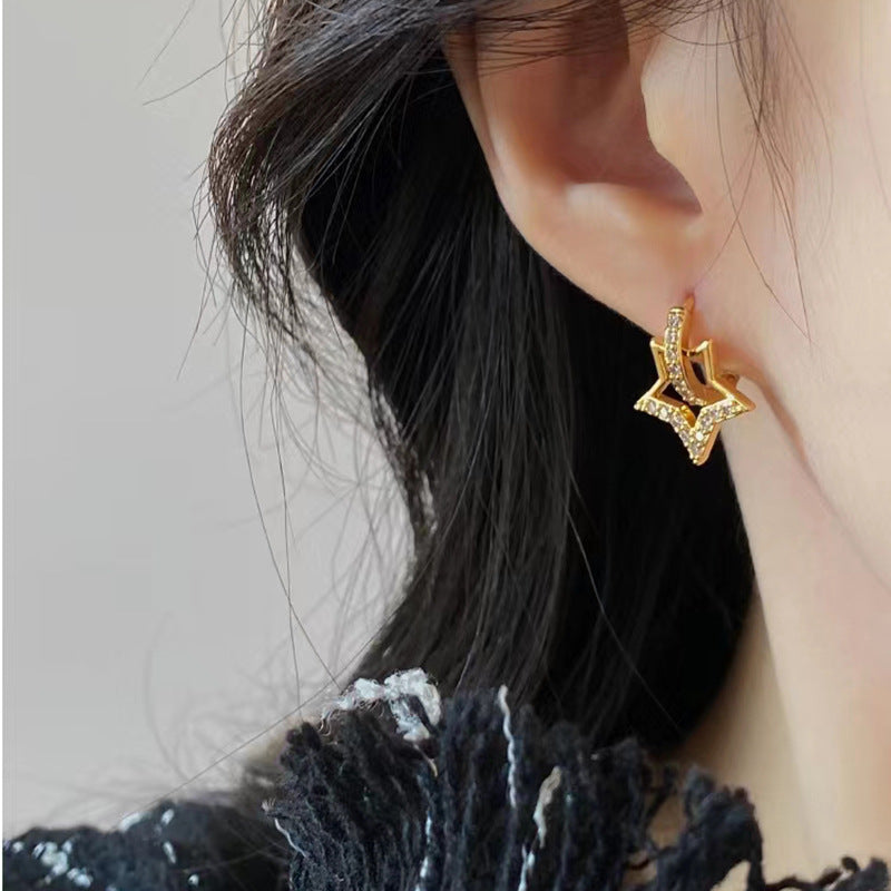 High-grade Five-pointed Star Round Zircon Korean Style Special Interest Light Earrings