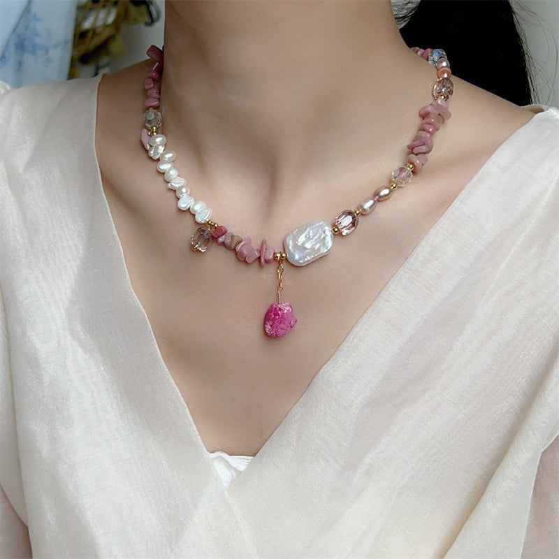 Pink Lovers Baroque Natural Freshwater Pearl Light Luxury Rose Stone Jewelry Set