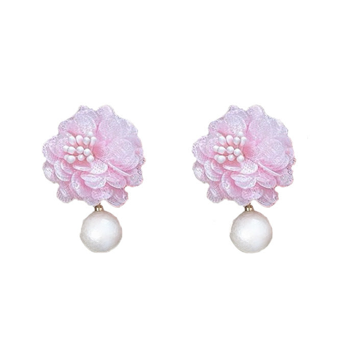Women's Super Fairy Retro Fabric Chiffon Flower Sier Needle Stud Earrings