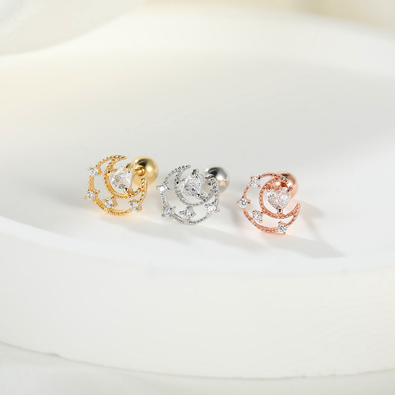 Fashion Lady Micro Inlaid Zircon Rose Gold Plating Star Moon Stud Earrings