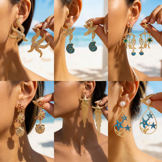 Summer Ocean Series Full Diamond Starfish More Than Coconut Tree Earrings