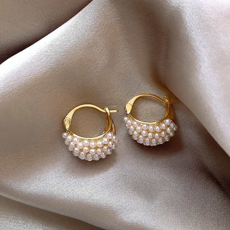 French Retro Geometric Pearl Ear Clip Elegant Style Trendy Design Stud Earrings